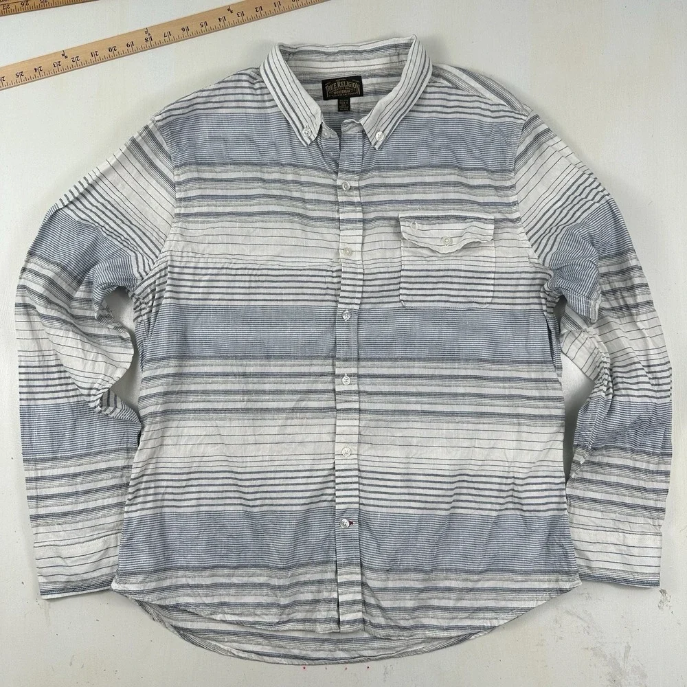 True Religion Men's Linen‎ Cotton Shirt XXL White Blue Striped 2XL Long Sleeve